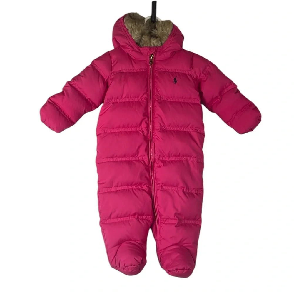 Ralph Lauren faux fur lined hood pink 6m down feather baby bunting